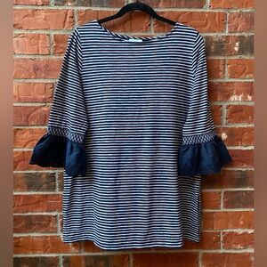 J. Jill Large Petite Blue Stripe Ruffle Eyelet Sleeve Nautical Split Hem Tunic